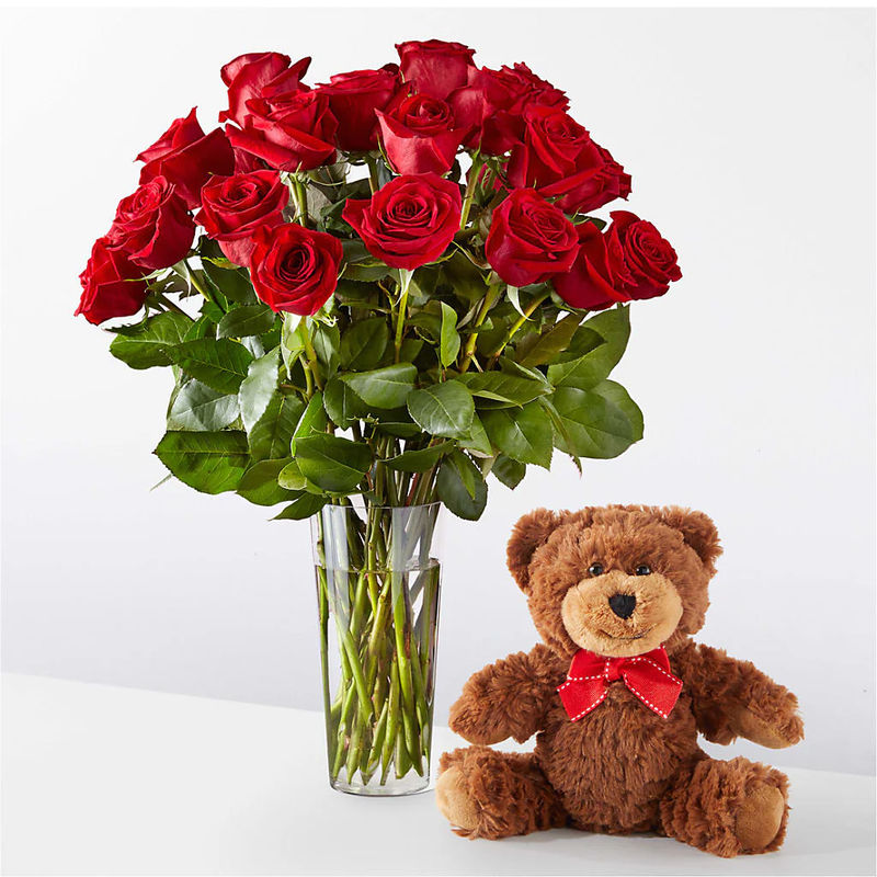 Romantic Long Stem Red Rose Bouquet Bundles - Style:24 Roses and Bear