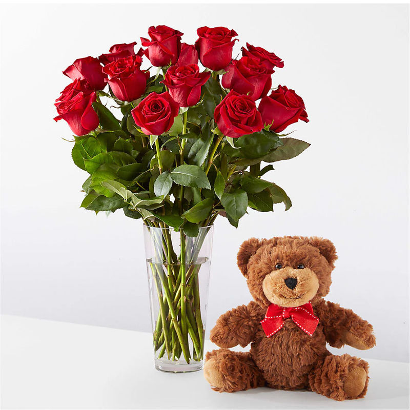 Romantic Long Stem Red Rose Bouquet Bundles - Style:18 Roses and Bear