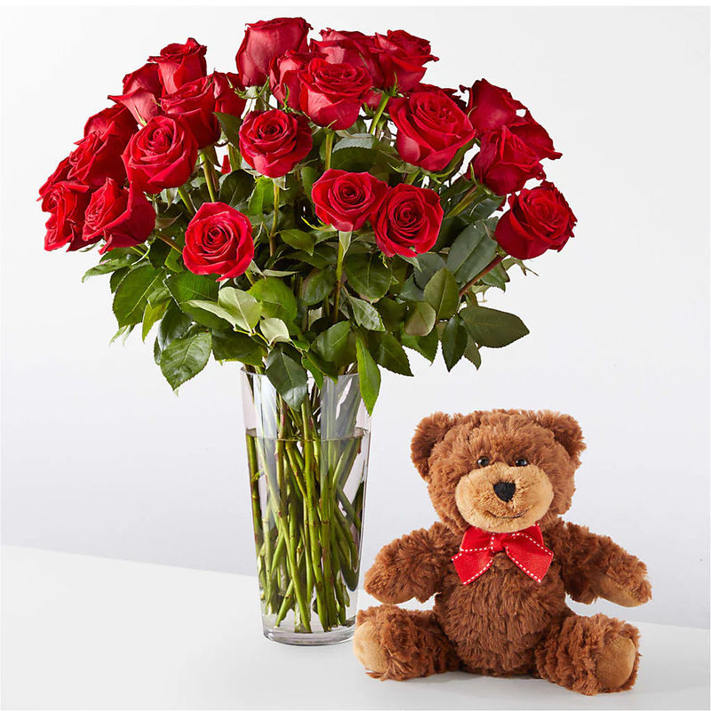 Romantic Long Stem Red Rose Bouquet Bundles - Style:36 Roses and Bear