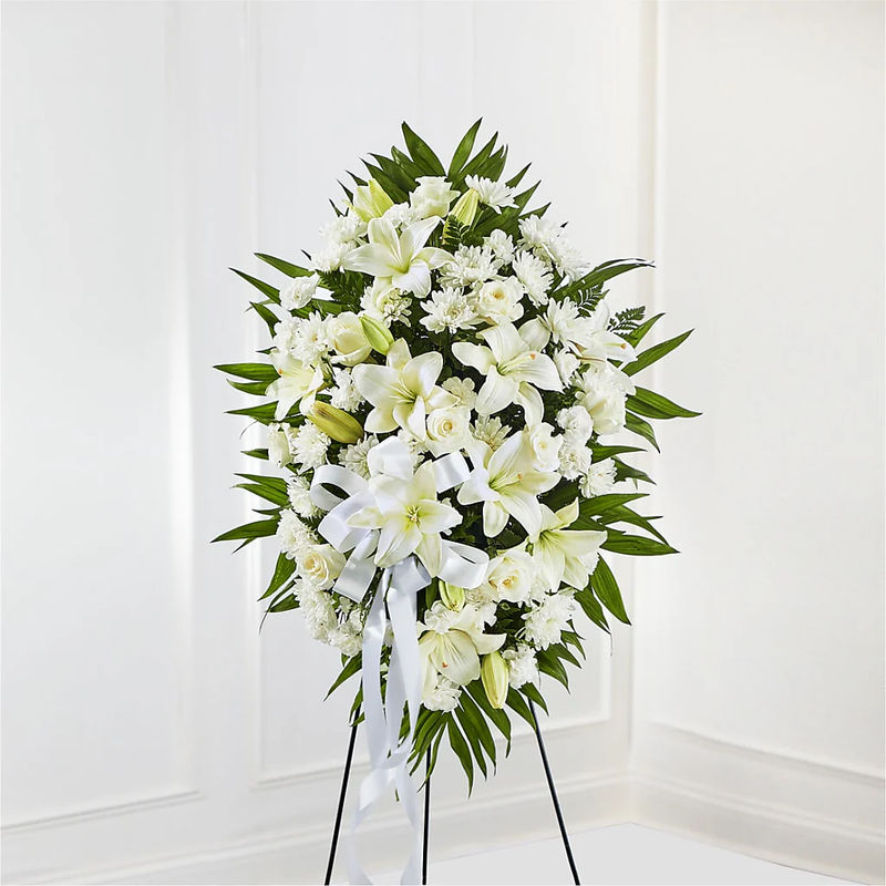 Exquisite Tribute Standing Spray-White Ribbon - Style:Small