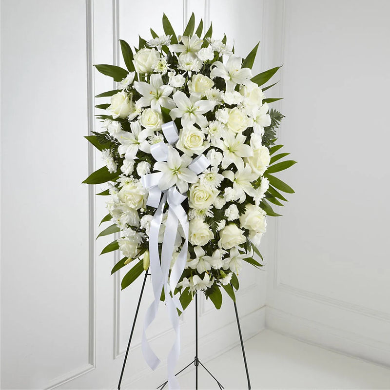 Exquisite Tribute Standing Spray-White Ribbon - Style:Deluxe