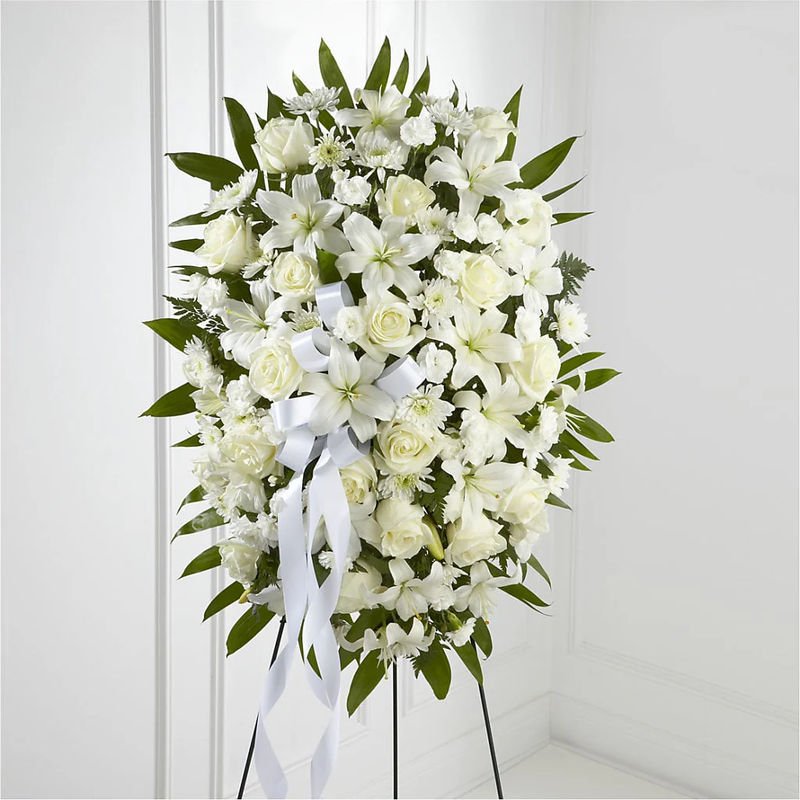 Exquisite Tribute Standing Spray-White Ribbon - Style:Premium