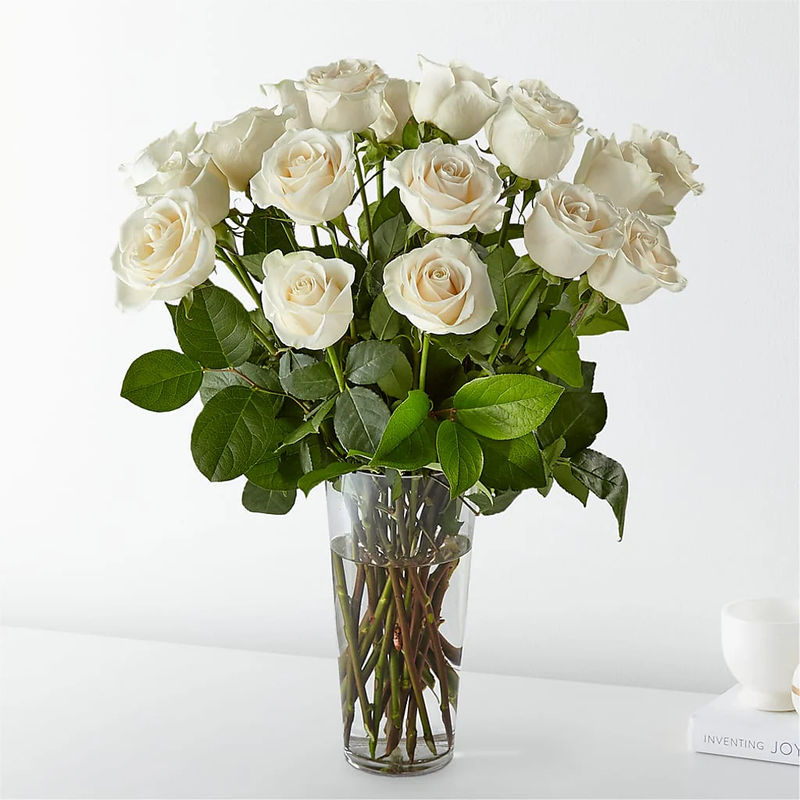 Long Stem White Rose Bouquet - Style:Deluxe - 18 White Roses