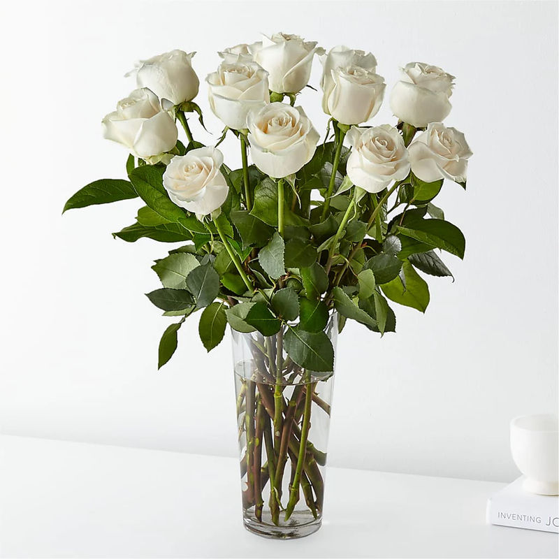 Long Stem White Rose Bouquet - Style:Standard - 12 White Roses
