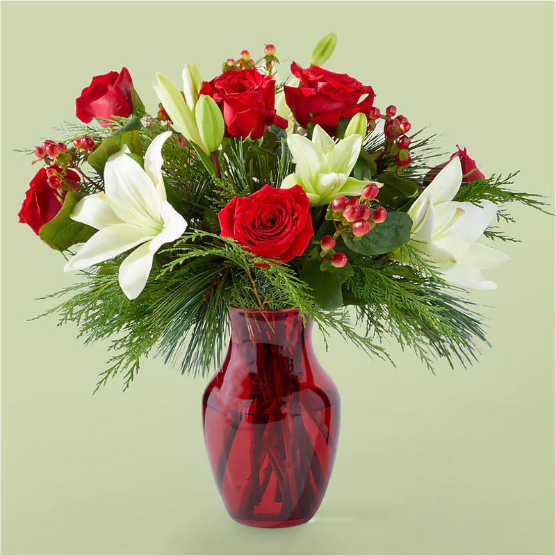 Evergreen Delight Bouquet - Style:Premium With Red Vase
