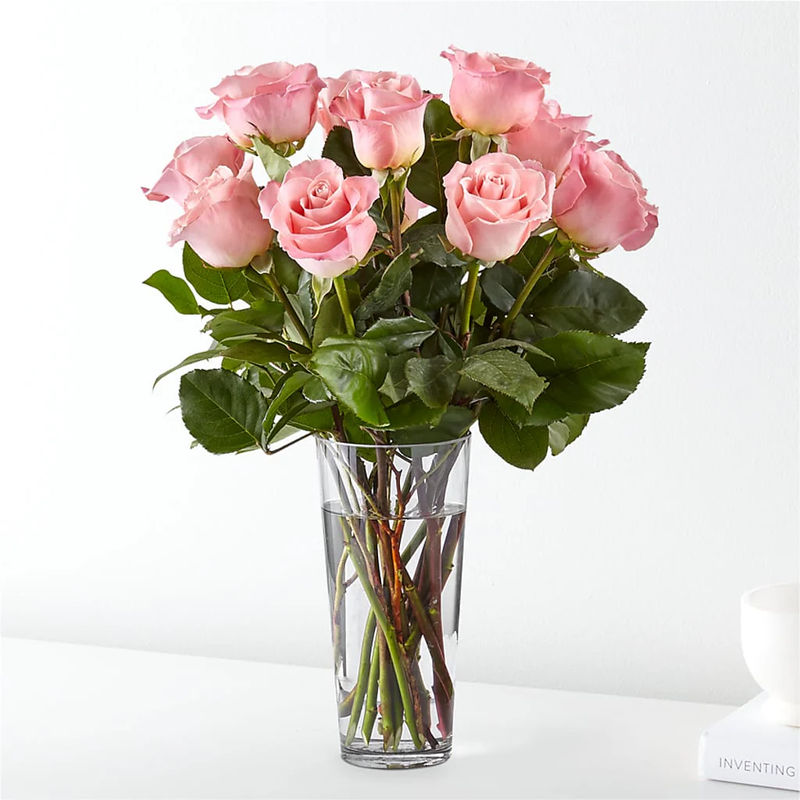 Long Stem Pink Rose Bouquet - Style:Standard - 12 Pink Roses