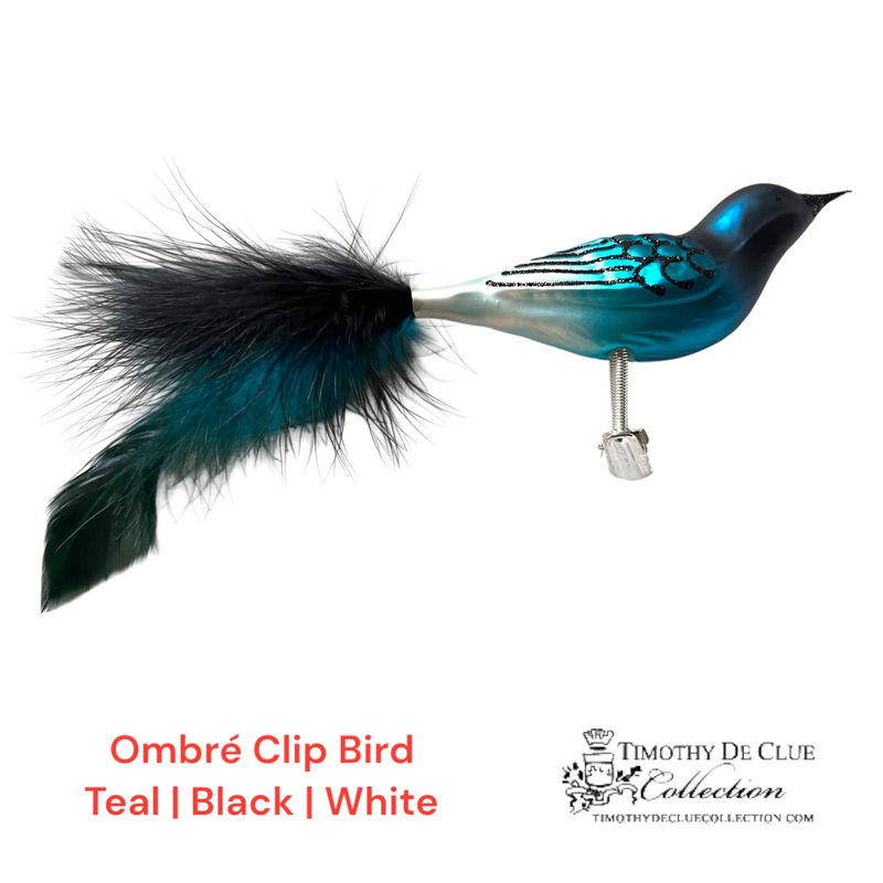 Hombre Glass Bird Clip Black/White/Blue Christmas Ornament