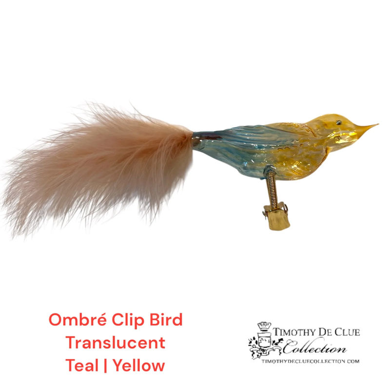Hombre Translucent Glass Bird Clip Teal/Yellow Christmas Ornament