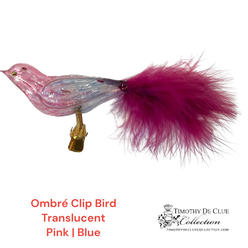 Hombre Translucent Glass Bird Clip Pink/Blue Christmas Ornament