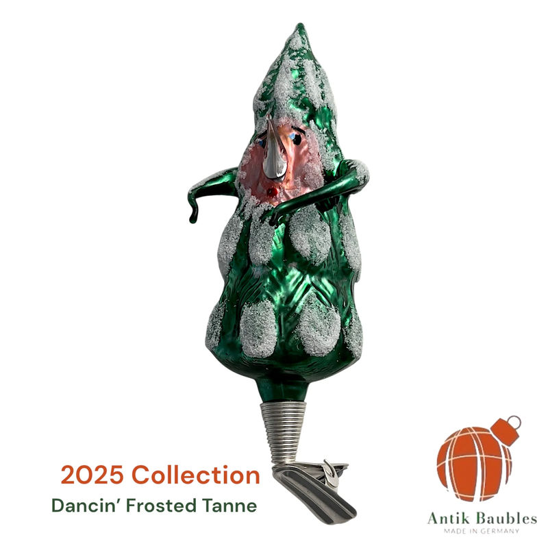 Free Blown Clip “ Dancin’ Frosted Tanne ”  5in - Antik Baubles Christmas Clip Ornament