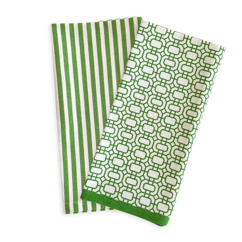 Newport Garden Gate & Pinstripe Kitchen Towels, Mixed Set of 2 - Color:Garden Gate Verde