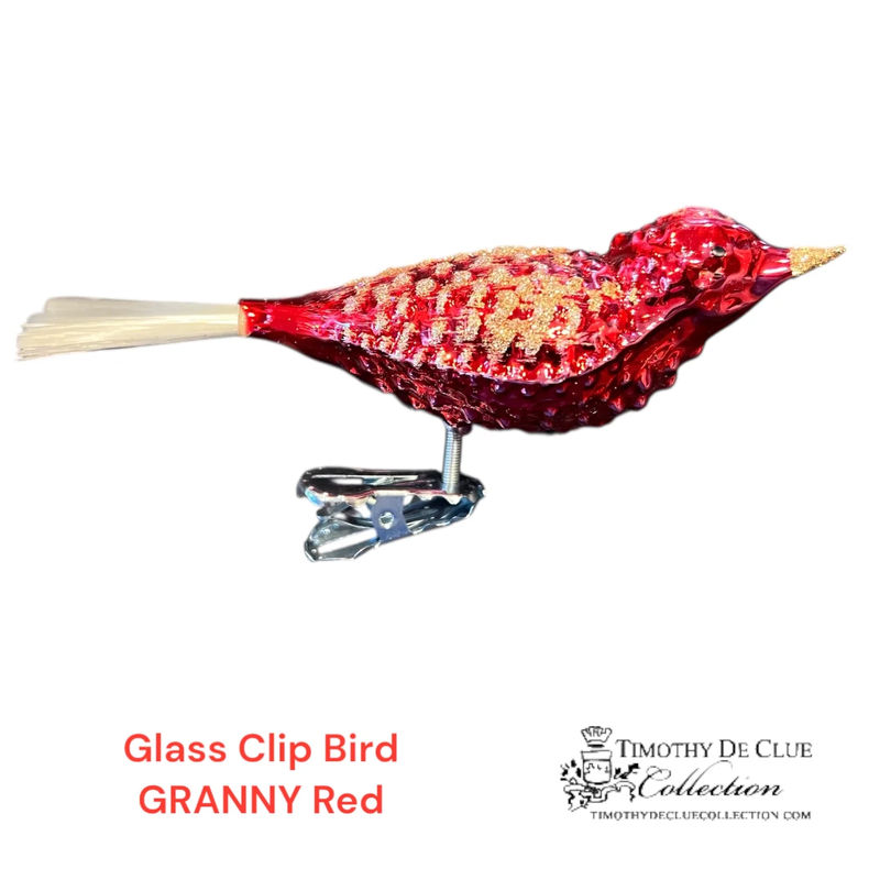 Glass Bird Clip GRANNY Red- Christmas Ornament