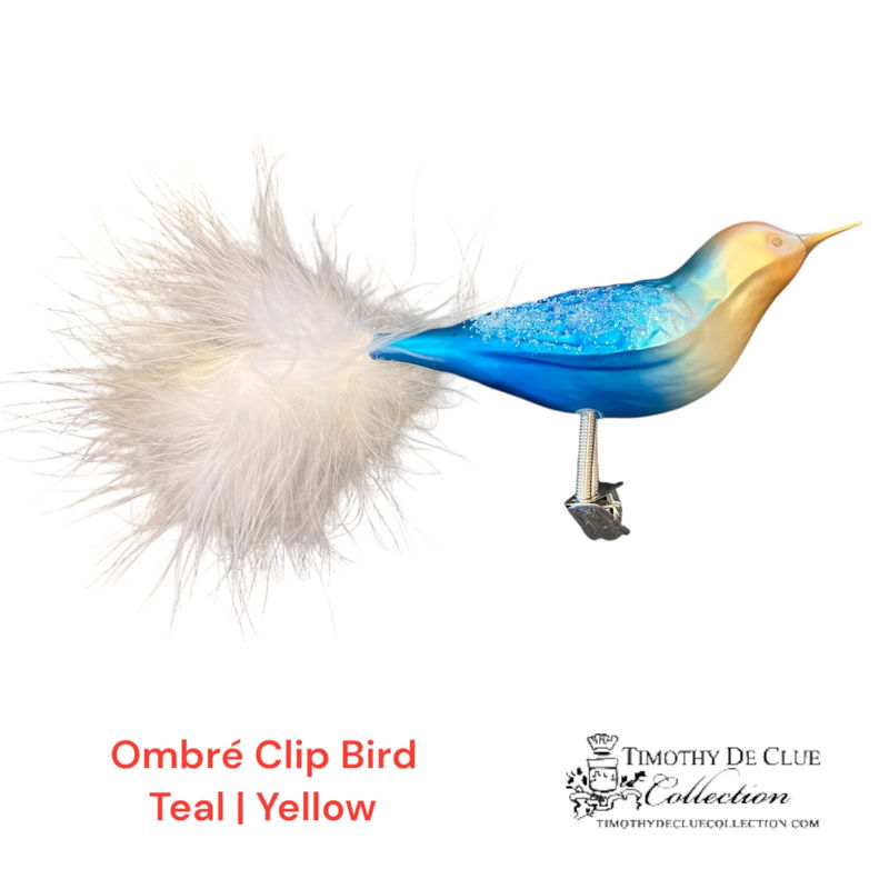 Hombre Glass Bird Clip Teal/Yellow Christmas Ornament