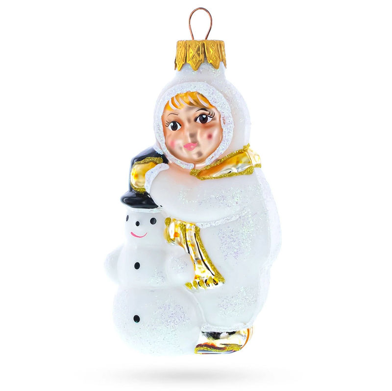 Child Hugging Snowman Glass Christmas Ornament