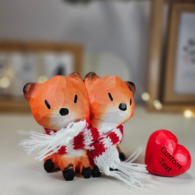 Fox Couple Figurine with Wooden Heart - Perfect Romantic Gift