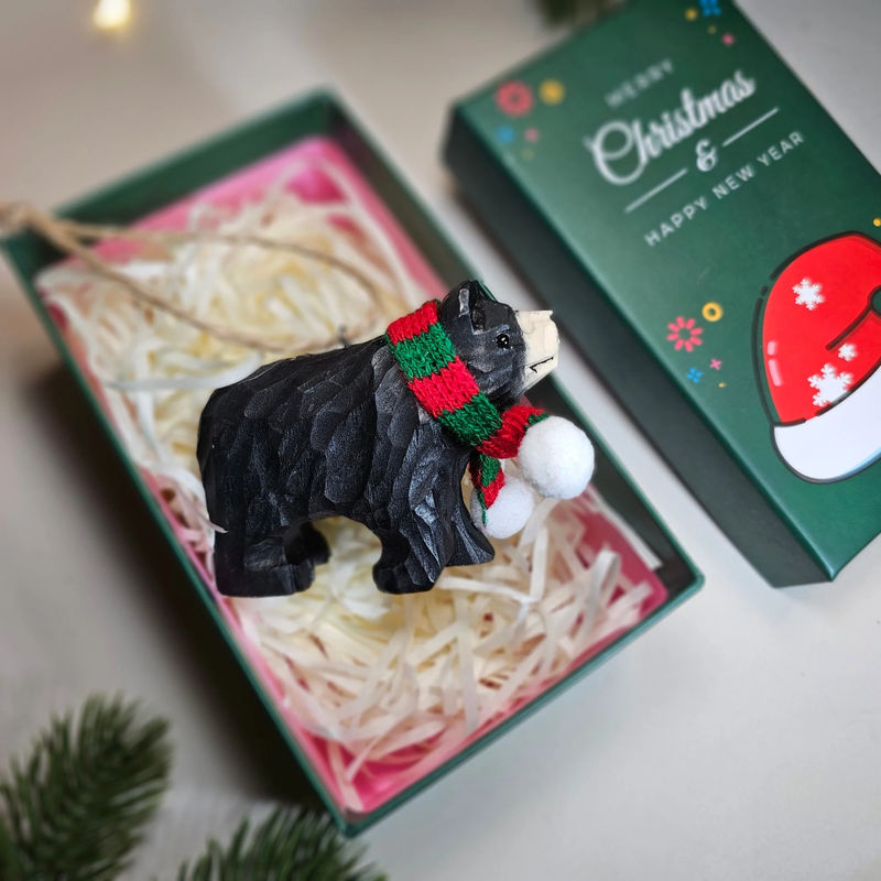 Bear with Scarf Hanging Christmas Tree Ornament – Gift Box Included - Style:Black Bear With Green Gift Box
