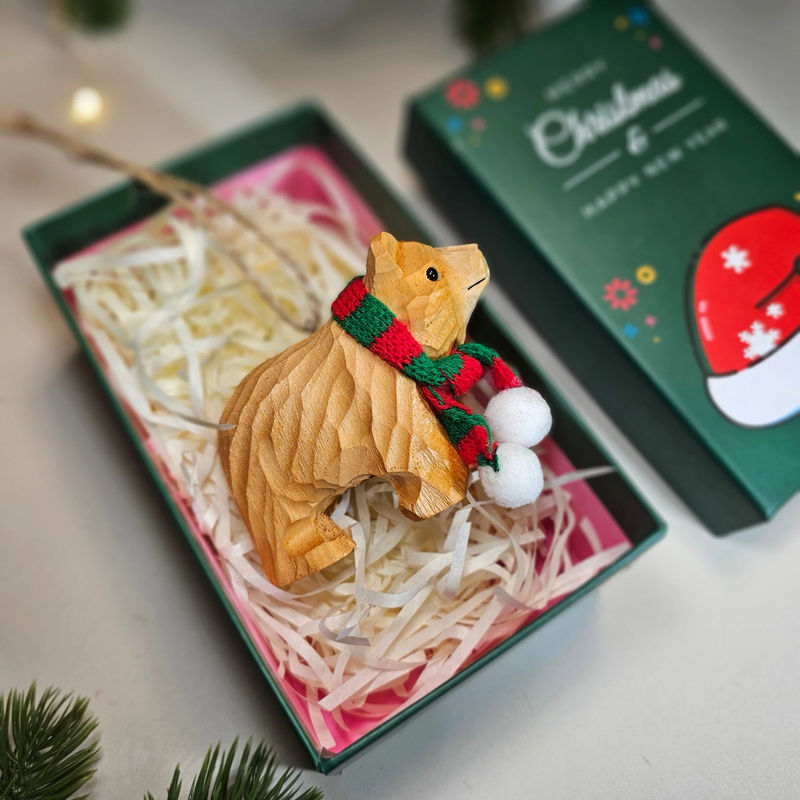 Bear with Scarf Hanging Christmas Tree Ornament – Gift Box Included - Style:Brown Bear With Green Gift Box