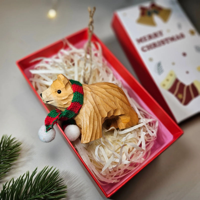 Bear with Scarf Hanging Christmas Tree Ornament – Gift Box Included - Style:Brown Bear With White Gift Box