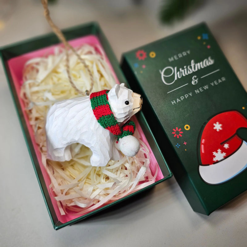 Bear with Scarf Hanging Christmas Tree Ornament – Gift Box Included - Style:White Bear With Green Gift Box