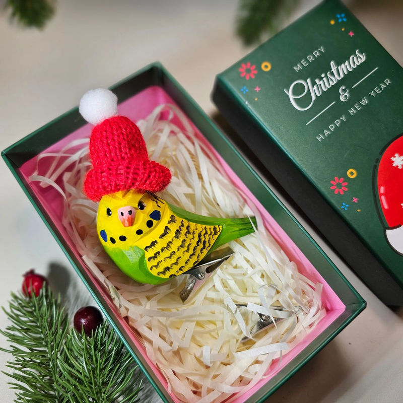 Budgerigar with Mini Hat Clip-on Christmas Tree Ornament – Gift Box Included - Style:Yellow Budgerigar-Green GiftBox