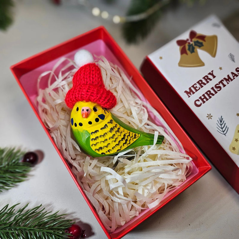 Budgerigar with Mini Hat Clip-on Christmas Tree Ornament – Gift Box Included - Style:Yellow Budgerigar-White GiftBox