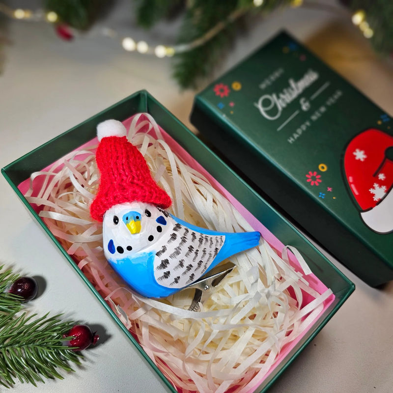 Budgerigar with Mini Hat Clip-on Christmas Tree Ornament – Gift Box Included - Style:Blue Budgerigar-Green GiftBox