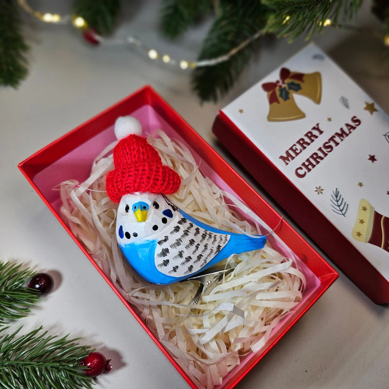 Budgerigar with Mini Hat Clip-on Christmas Tree Ornament – Gift Box Included - Style:Blue Budgerigar-White GiftBox