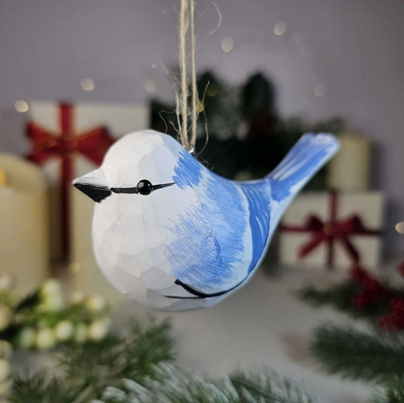 Azure Tit Wooden Hanging Christmas Tree Ornament