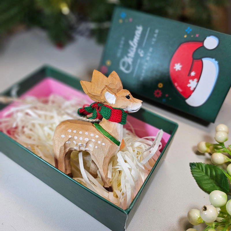 Deer with Scarf Hanging Christmas Tree Ornament – Gift Box Included - Style:Deer Scarf - Green GiftBox