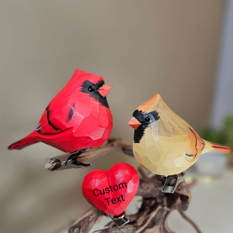 Cardinal Couple Clip-On Ornament with Wooden Red Heart – Symbol of Love