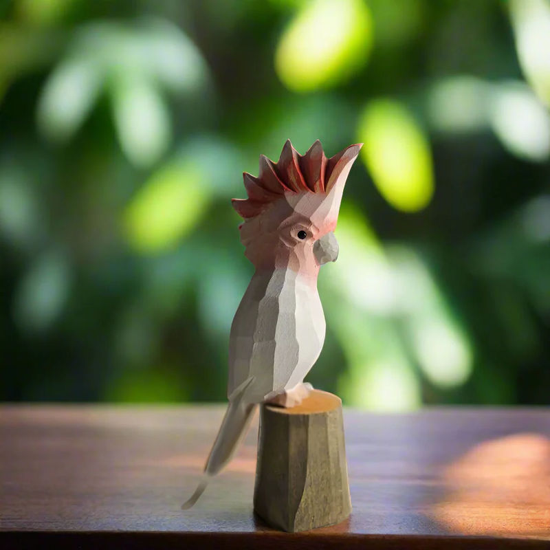 Hand-Carved Pink Cockatoo Wooden Figurine: A Touch of Tropical Charm