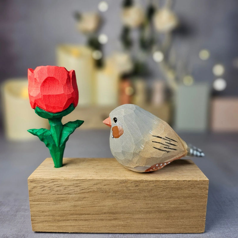 Zebra Finch with Rose - Color:Gray-Brown