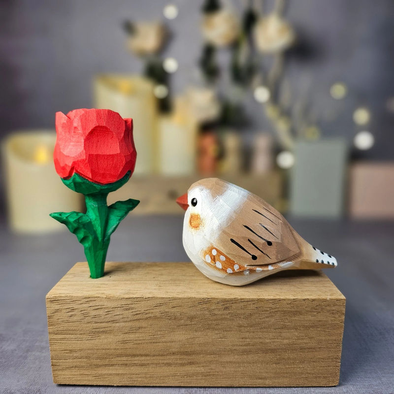 Zebra Finch with Rose - Color:Withe-Brown
