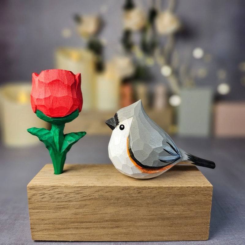 Tufted Titmouse with Rose - Color:Gray