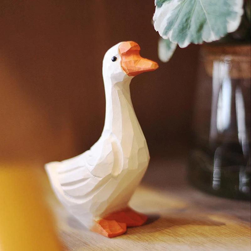 Goose Figurines Hand Carved Painted Wooden