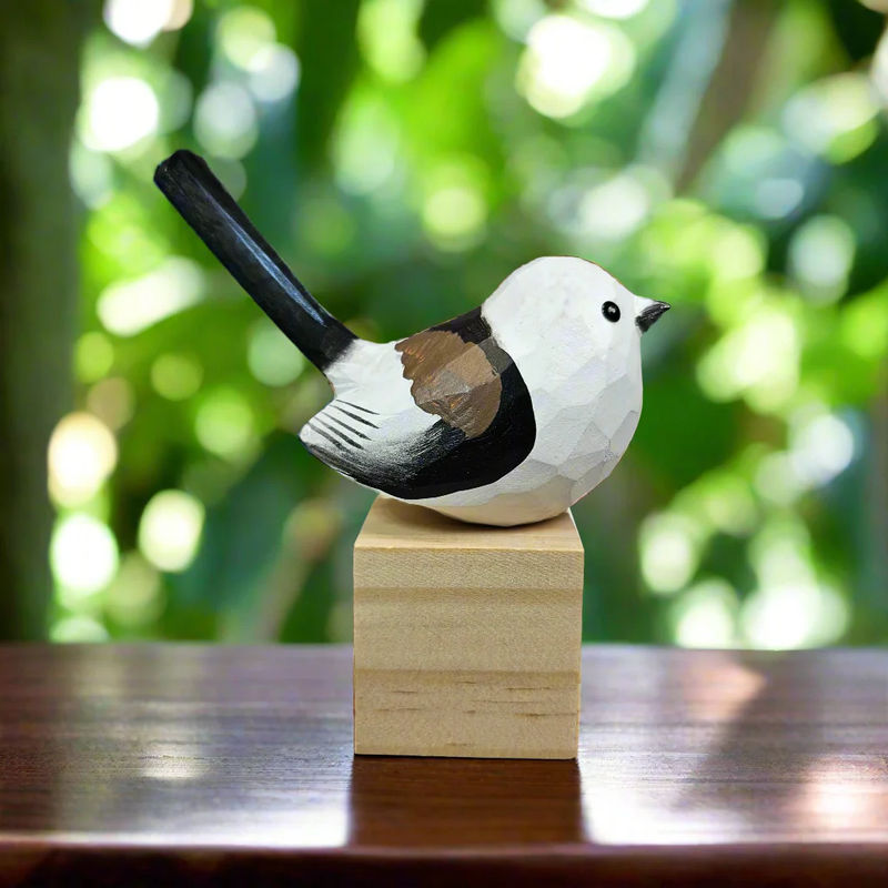 Long-tailed-Tit-V2 Wooden Bird Figurine Hand Carved Painted