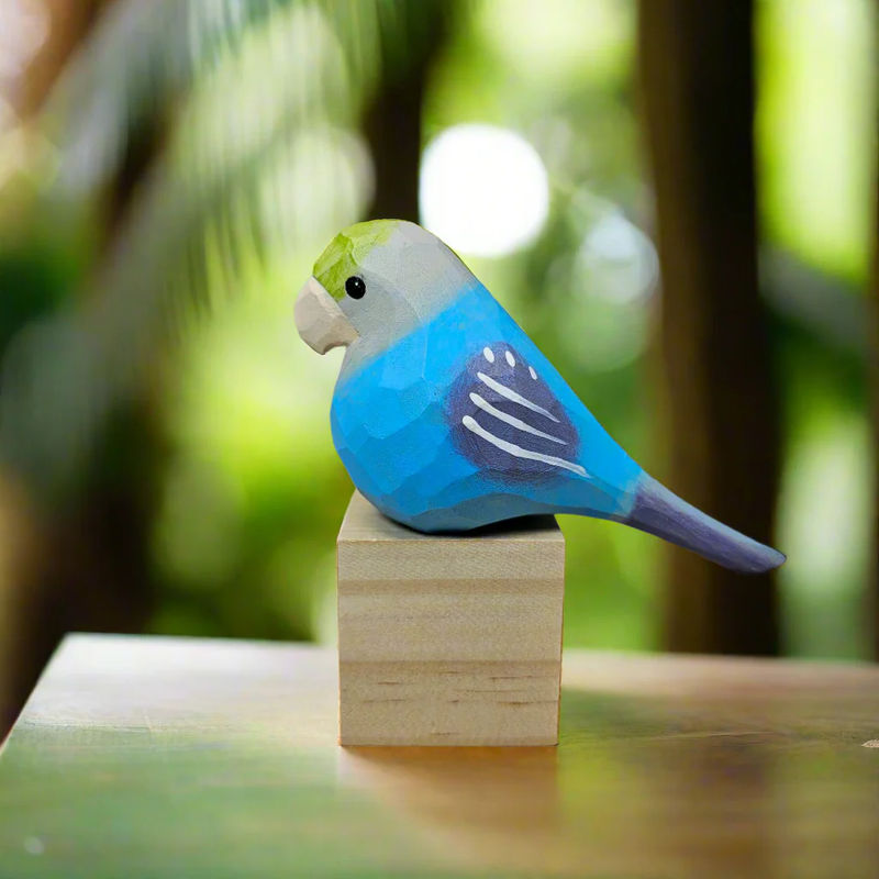Vibrant Parakeet Figurine - Hand-Painted Wooden Sculpture for Bird Lovers - Color:Blue
