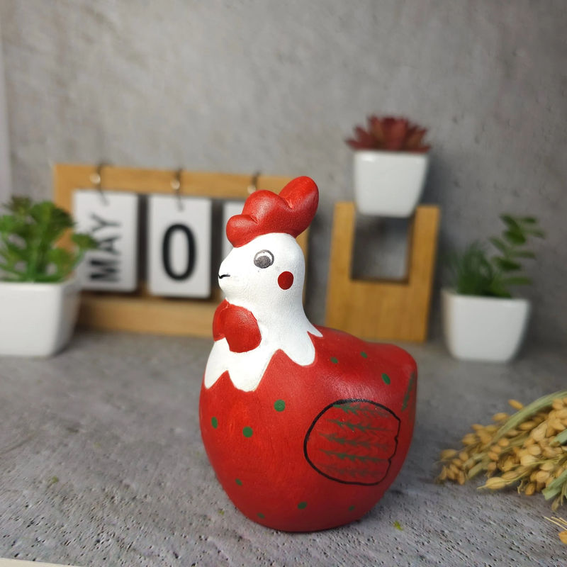 Chicken Hand-Painted Wood Figurine - Style:Red