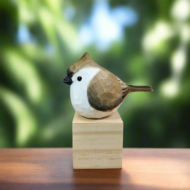 Tufted Titmouse Figurines Hand Carved Painted Wooden - Color:Light Brown