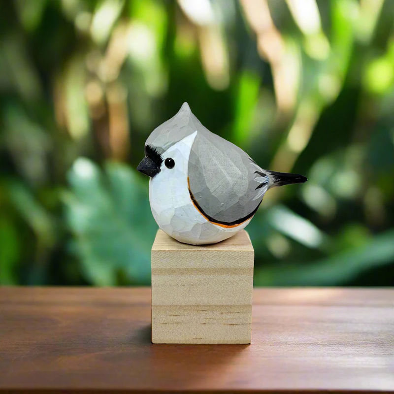 Tufted Titmouse Figurines Hand Carved Painted Wooden - Color:Silvery Gray