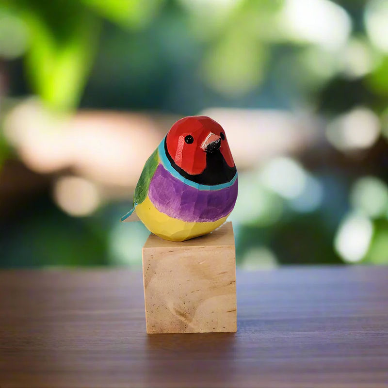 Gouldian Finch Bird Figurine Painted Woode Home Decor Ornaments - Color:Red