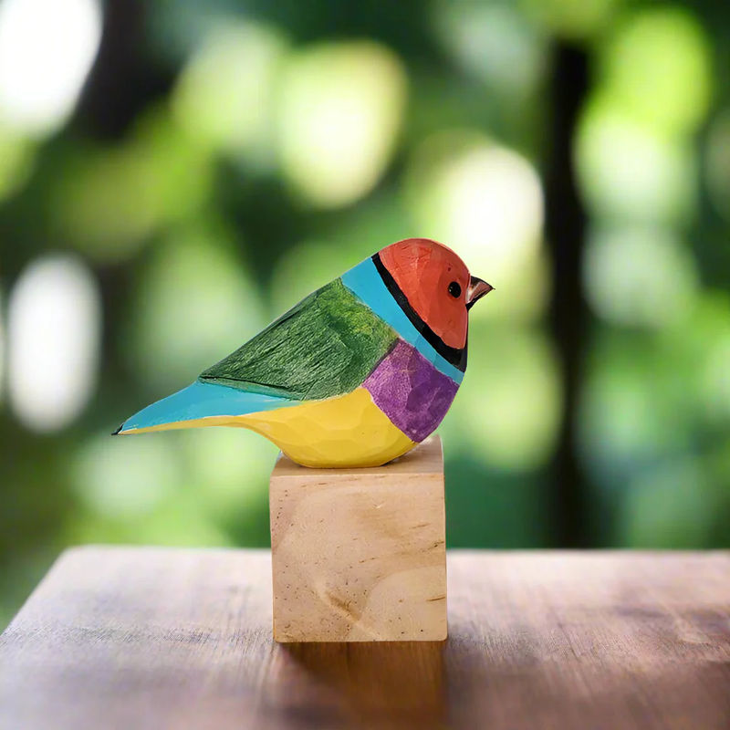 Gouldian Finch Bird Figurine Painted Woode Home Decor Ornaments - Color:Orange