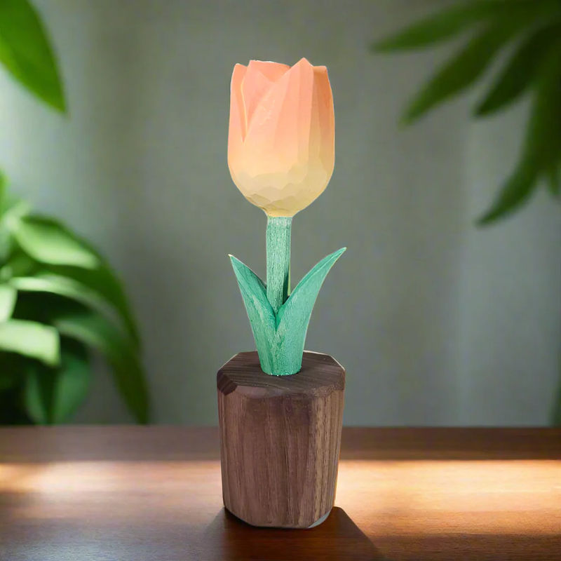 Tulip Hand-Carved Wooden Flower With Gift Box Packing - Color:Orange