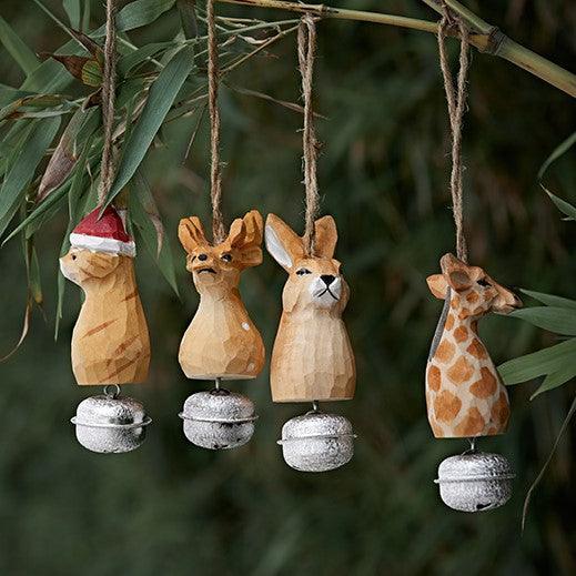 Animal Bell Hanging | Hand Carved Painted Wooden Decor Christmas tree ornaments set of 4