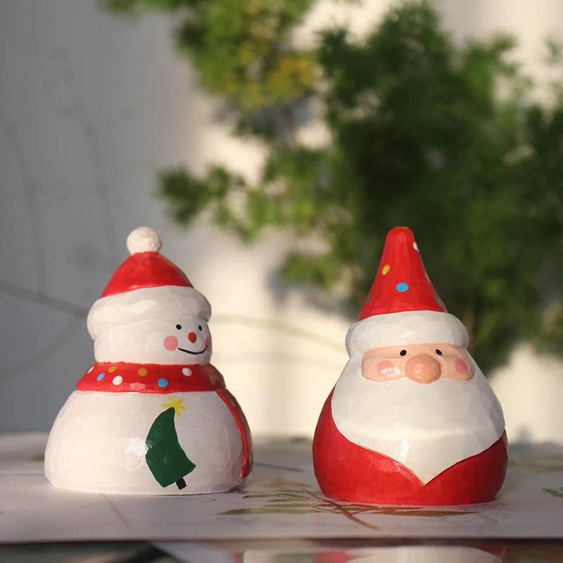 Santa Claus and Snowman Figurines | Hand Carved Painted Wooden Statue Home Decor sculpture Christmas ornaments