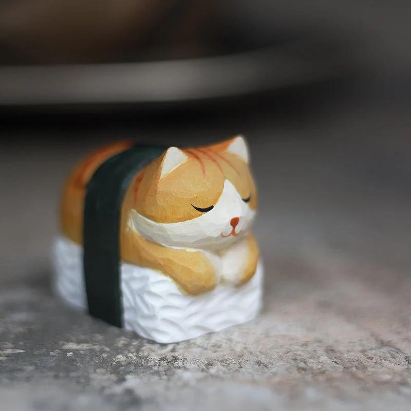 Quirky Sushi Cat Figurine - Hand-Painted Wooden Sculpture for Feline & Food Lovers