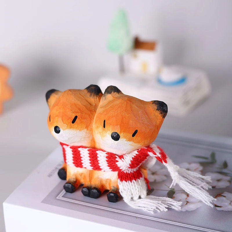 Fox Couple Wooden Statues with Scarves
