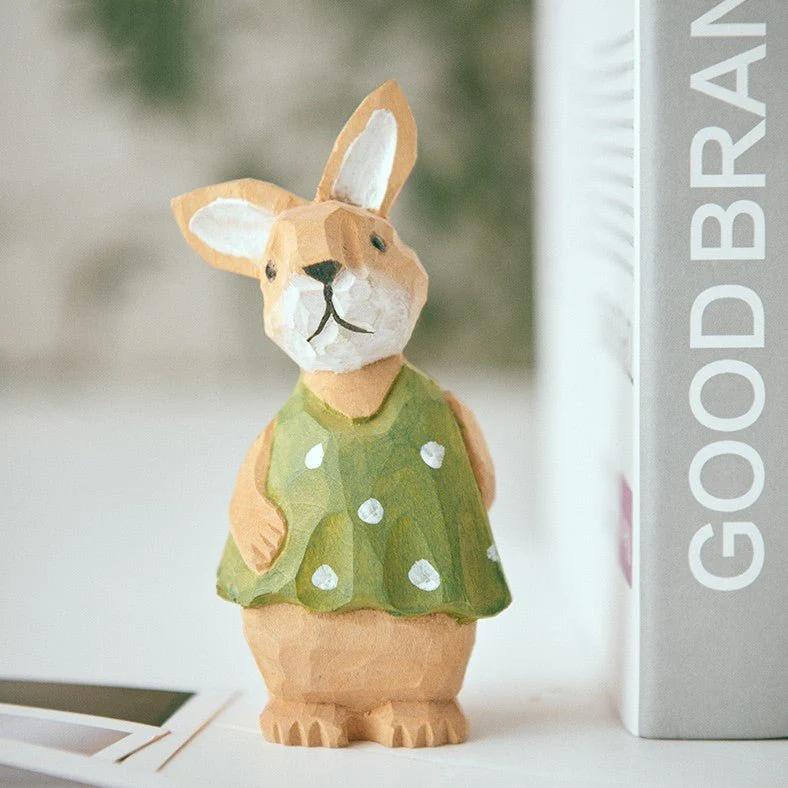 Green apron Bunny Figurine Hand-Carved