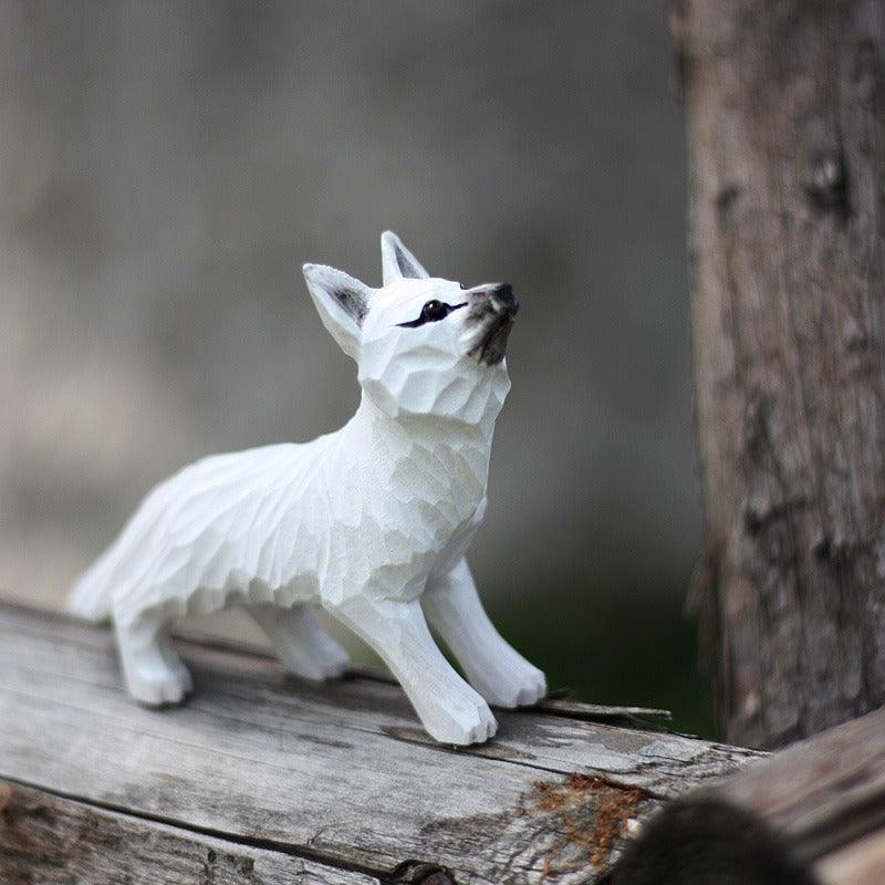 Fox Sculpted Hand-Painted Animal Wood Figure - Style:Stood White Color