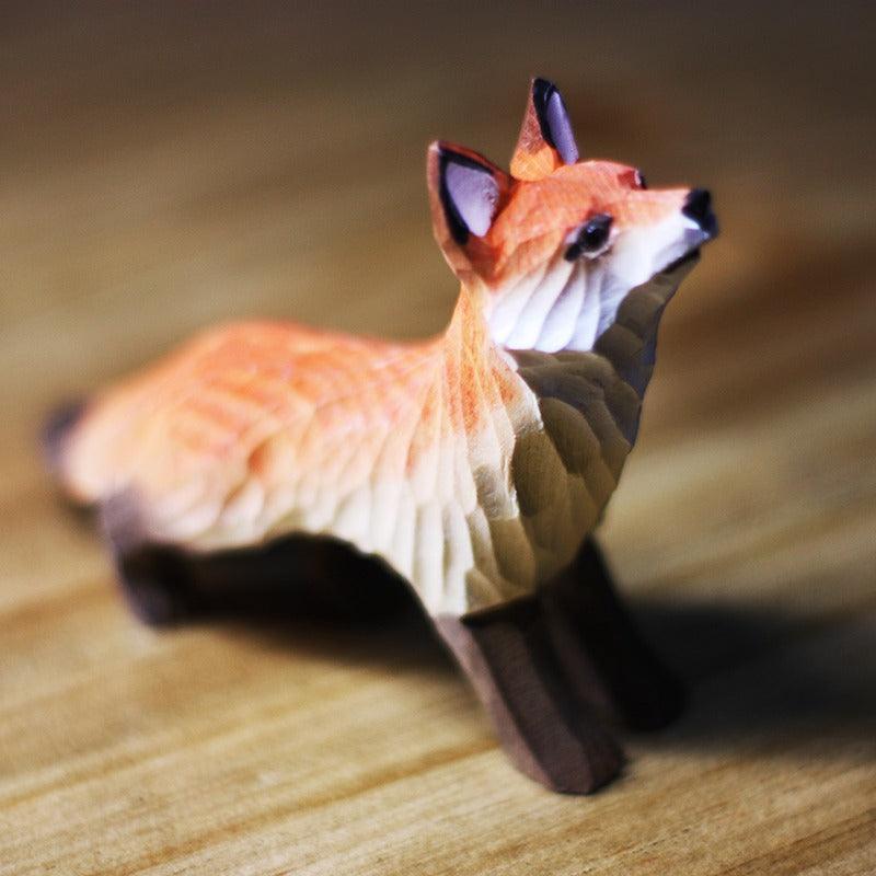 Fox Sculpted Hand-Painted Animal Wood Figure - Style:Stood Orange Color